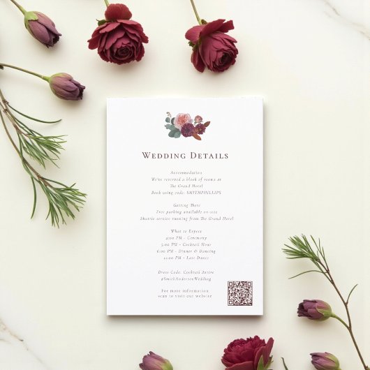 Carte D'accompagnement Rustic Burgundy Floral Wedding Info Card