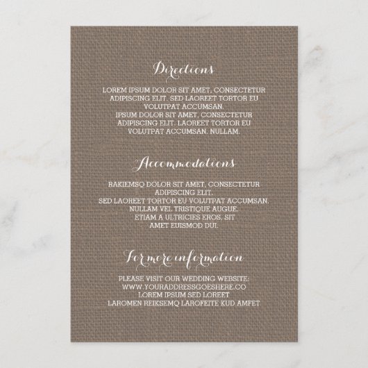Carte D'accompagnement Rustic Burlap Détails du Mariage - Informations (Devant)