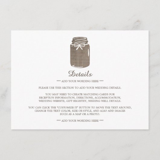 Carte D'accompagnement Rustic Burlap Mason Jar Détail du Mariage (Devant)