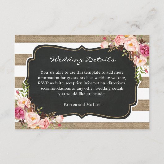 Carte D'accompagnement Rustic Burlap Stripes Floral Détails du Mariage In (Devant)