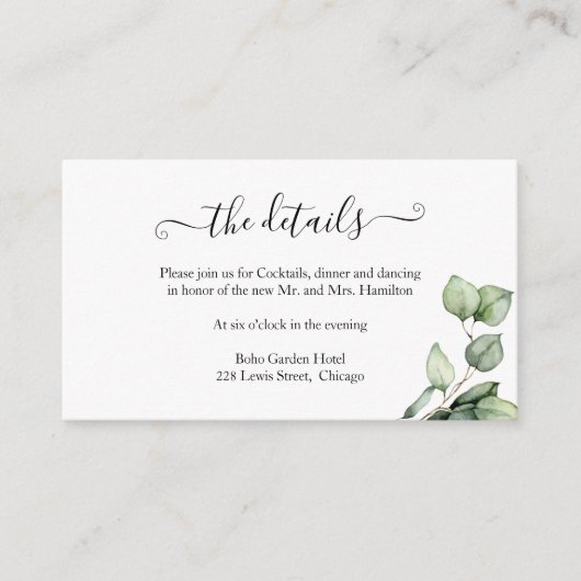 Carte D'accompagnement Rustic Chic Greenery Eucalyptus Détails du Mariage (Devant)