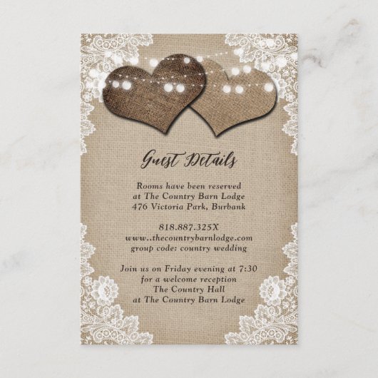 Carte D'accompagnement Rustic Country Burlap Floral Lace Mariage (Devant)