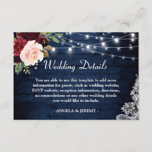 Carte D'accompagnement Rustic Dark Blue Floral Lights Détails du Mariage