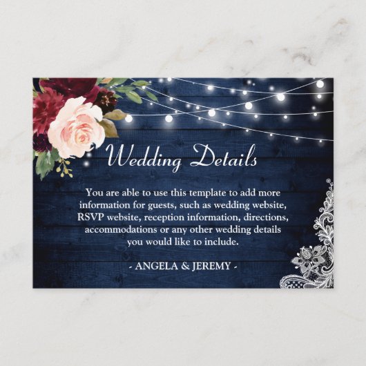 Carte D'accompagnement Rustic Dark Blue Floral Lights Détails du Mariage (Devant)