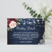 Carte D'accompagnement Rustic Dark Blue Floral Lights Détails du Mariage (Debout devant)