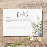 Carte D'accompagnement Rustic Dusty Blue Fleurs sauvages & marguerites Dé<br><div class="desc">Découvrez l'épitome de l'élégance rustique avec notre carte de détails rustiques mariage, où la beauté intemporelle rencontre la grâce délicate de la nature. Dans un décor blanc immaculé, un bouquet d'aquarelle peint à la main se dessine, mêlant harmonieusement le bleu poussiéreux et le jaune doux des fleurs sauvages, à la...</div>