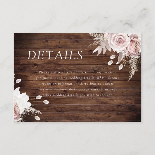 Carte D'accompagnement Rustic Dusty Rose Blush Floral Détails du Mariage (Devant)