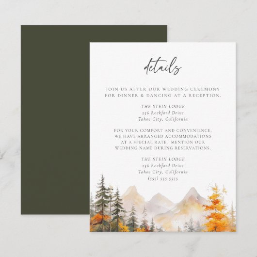Carte D'accompagnement Rustic Fall Mountain Pine Forest Wedding Details (Devant / Derrière)