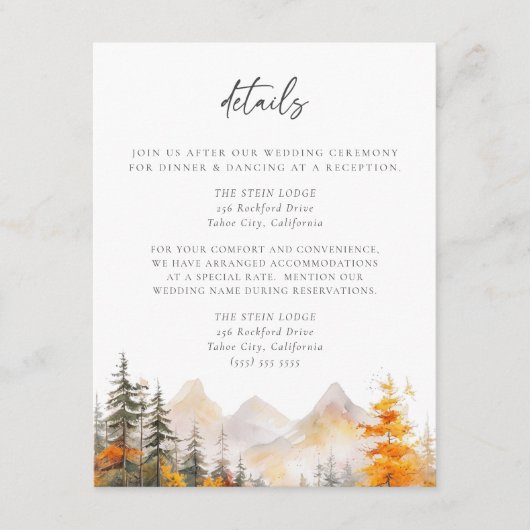 Carte D'accompagnement Rustic Fall Mountain Pine Forest Wedding Details (Devant)