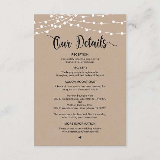 Carte D'accompagnement Rustic Farm String Lights design, détails Mariages (Devant)