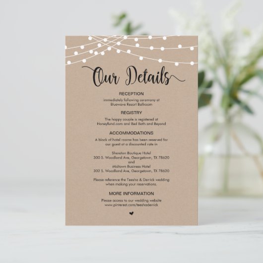 Carte D'accompagnement Rustic Farm String Lights design, détails Mariages (Debout devant)