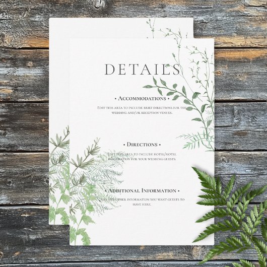Carte D'accompagnement Rustic Fern Green Foliage White Détails du Mariage