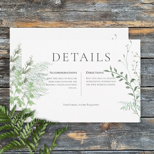 Carte D'accompagnement Rustic Fern Green Foliage White Détails du Mariage