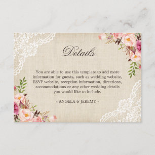 Carte D'accompagnement Rustic Floral Lace Burlap Détails du Mariage