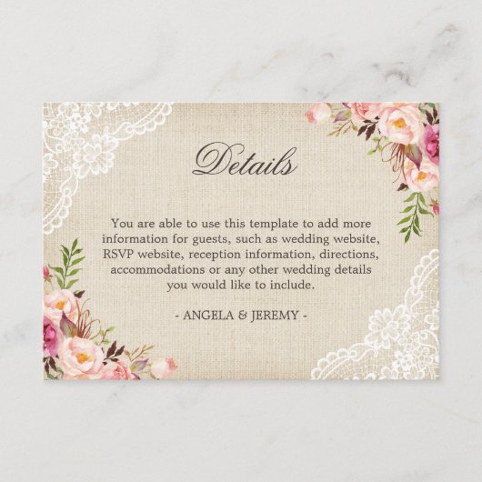 Carte D'accompagnement Rustic Floral Lace Burlap Détails du Mariage (Devant)