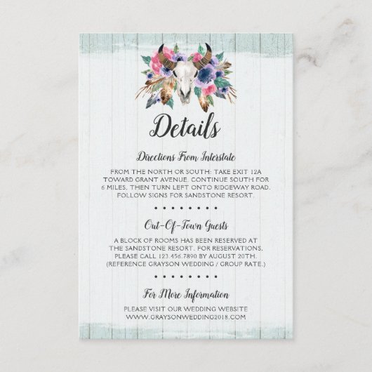 Carte D'accompagnement Rustic Floral Vache Skull Boho Détails / Direction (Devant)