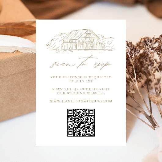 Carte D'accompagnement Rustic Gold Barn Mariage QR Code site web RSVP