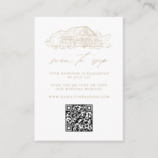 Carte D'accompagnement Rustic Gold Barn Mariage QR Code site web RSVP (Devant)