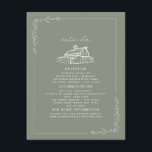 Carte D'accompagnement Rustic Grange Sage Green Détails du Mariage de aut<br><div class="desc">Illustration d'art en ligne de la grange au sommet avec bordure botanique et arrière - plan couleur Sage Green.</div>