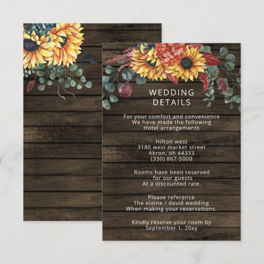 Carte D'accompagnement Rustic Grange Wood Country Sunflowers Mariage (Devant / Derrière)
