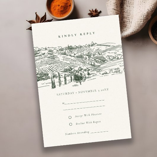Carte D'accompagnement Rustic Green Winery Mountain Sketch Wedding RSVP