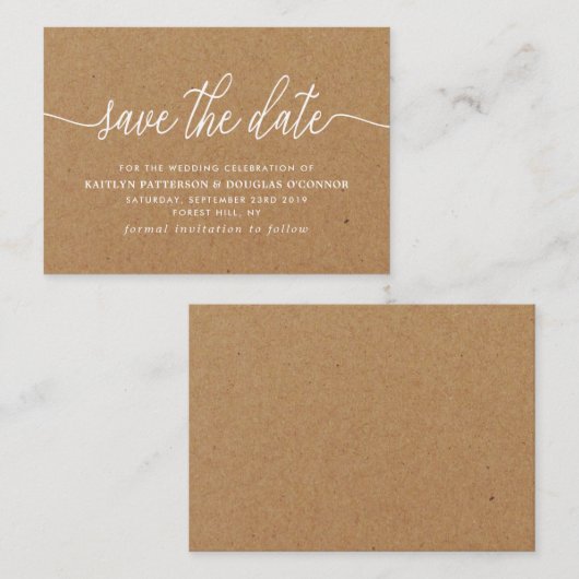 Carte D'accompagnement Rustic Kraft Script Simple Enregistrer La Date (Devant / Derrière)