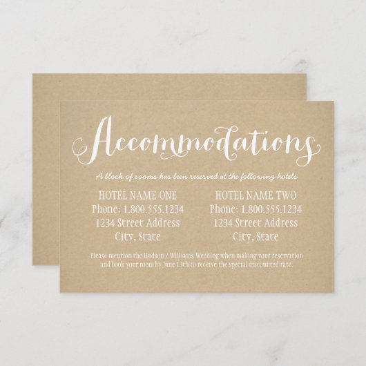 Carte D'accompagnement Rustic Kraft White Script Mariage hébergement (Devant / Derrière)