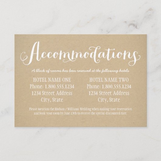 Carte D'accompagnement Rustic Kraft White Script Mariage hébergement (Devant)