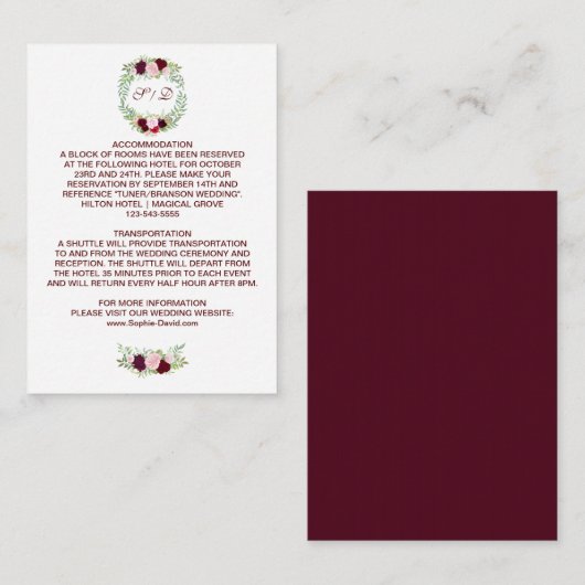 Carte D'accompagnement Rustic Marsala Floral Wreath Détails du Mariage (Devant / Derrière)