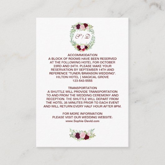 Carte D'accompagnement Rustic Marsala Floral Wreath Détails du Mariage (Devant)