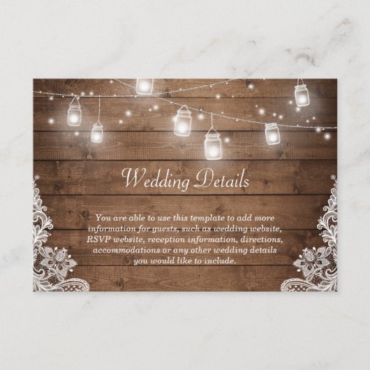 Carte D'accompagnement Rustic Mason Jar Lights Lace Mariage Détails Info (Devant)