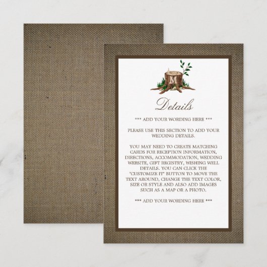 Carte D'accompagnement Rustic Monogram Tree & Burlap Mariage Détails (Devant / Derrière)