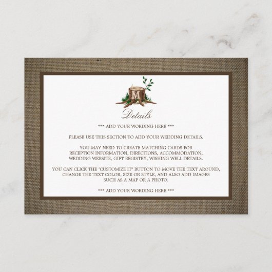 Carte D'accompagnement Rustic Monogram Tree & Burlap Mariage Détails (Devant)