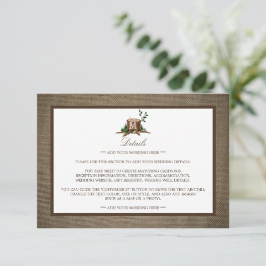 Carte D'accompagnement Rustic Monogram Tree & Burlap Mariage Détails (Debout devant)