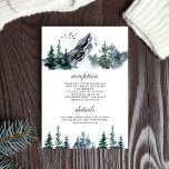 Carte D'accompagnement Rustic Mountain Forest Détails du mariage d'hiver<br><div class="desc">Elégante carte mariage à thème de forêt avec de belles montagnes et pins sur un arrière - plan blanc.</div>