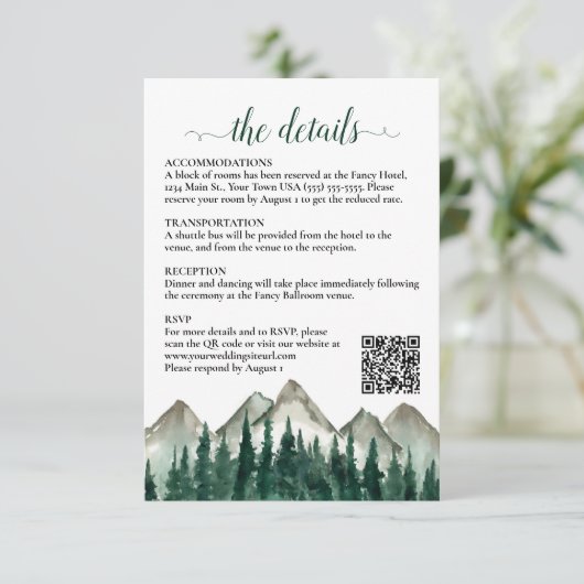 Carte D'accompagnement Rustic Mountains & Pine Détails du Mariage QR Code (Debout devant)