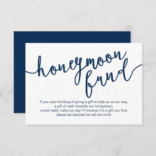 Carte D'accompagnement Rustic Navy Blue Script, Mariage Honeymoon Fund (Devant / Derrière)