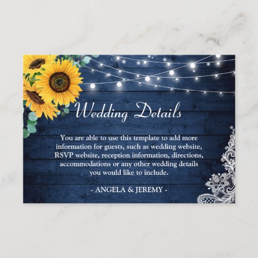 Carte D'accompagnement Rustic Navy Blue Sunflowers Détails du Mariage (Devant)