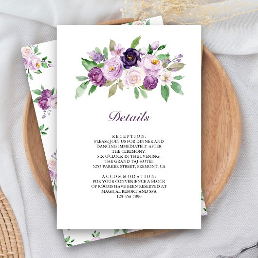 Carte D'accompagnement Rustic Purple Floral Wedding Details