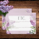 Carte D'accompagnement Rustic Romantic Purple & Sage Lilacs Détails<br><div class="desc">Élevez votre faire-part mariage avec notre magnifique carte de détails mariages murmurant du lilas. Une toile de violet doux et subtil et affaissé ouvre la voie à la romance, tandis que la zone de texte blanche, ornée d'un cadre mauve fin et doux, ajoute un élément de simplicité raffinée. L'enchantement se...</div>