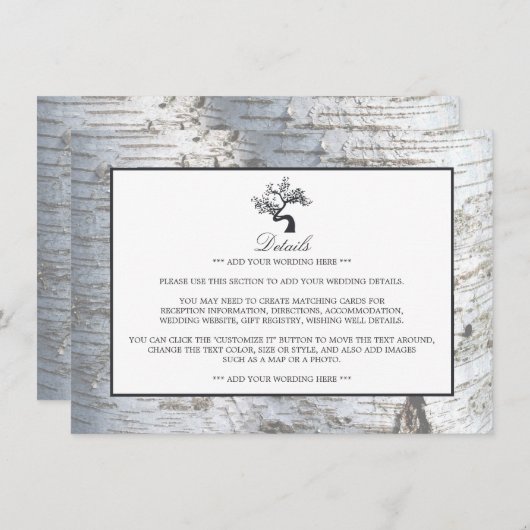 Carte D'accompagnement Rustic Silver Birch Tree Mariage détails (Devant / Derrière)