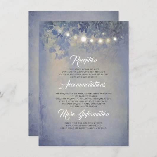 Carte D'accompagnement Rustic String Lights Dusty Blue Détails du Mariage (Devant / Derrière)