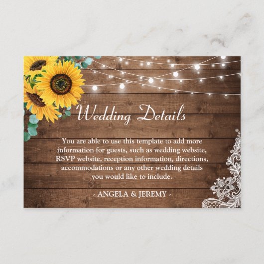 Carte D'accompagnement Rustic String Lights Sunflowers Détails du Mariage (Devant)