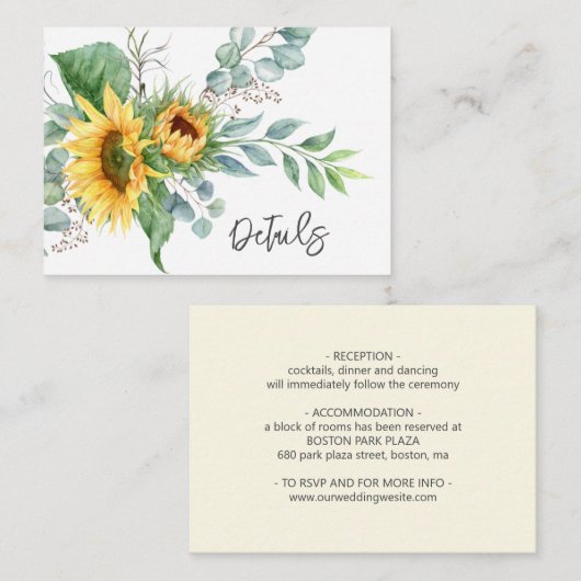 Carte D'accompagnement Rustic Sunflower Eucalyptus Détails Mariage (Devant / Derrière)