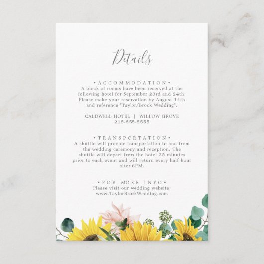 Carte D'accompagnement Rustic Sunflower Eucalyptus Détails Mariage (Devant)