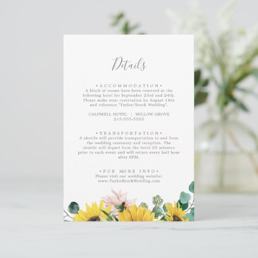Carte D'accompagnement Rustic Sunflower Eucalyptus Détails Mariage (Debout devant)