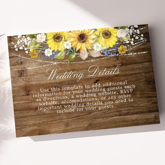 Carte D'accompagnement Rustic Sunflower String Lumière Détails du Mariage