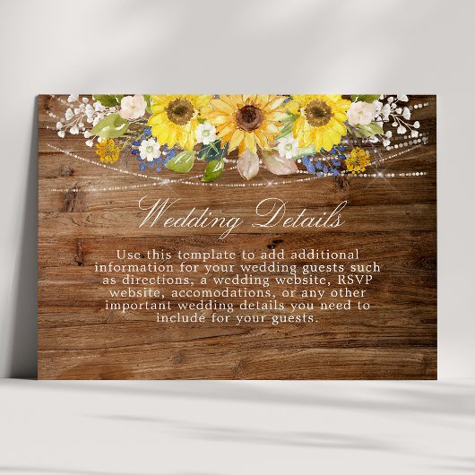 Carte D'accompagnement Rustic Sunflower String Lumière Détails du Mariage