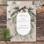 Carte D'accompagnement Rustic Tan Pine Winter Sparkings Détails Mariage<br><div class="desc">Ce décor est orné d'un bouquet rustique de pin vert et de pinecone sur un arrière - plan beige moelleux aux fleurs blanches. Il est agrémenté d'une couverture brillante blanche pour illustrer la magie des belles vacances d'hiver. Parfait pour un mariage de Noël ou d'hiver. Cette carte fait partie de...</div>