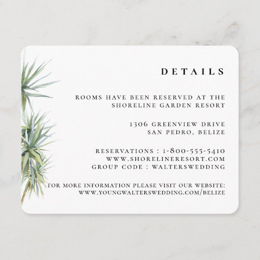 Carte D'accompagnement Rustic Tropical Palm Tree Détails du Mariage (Devant)